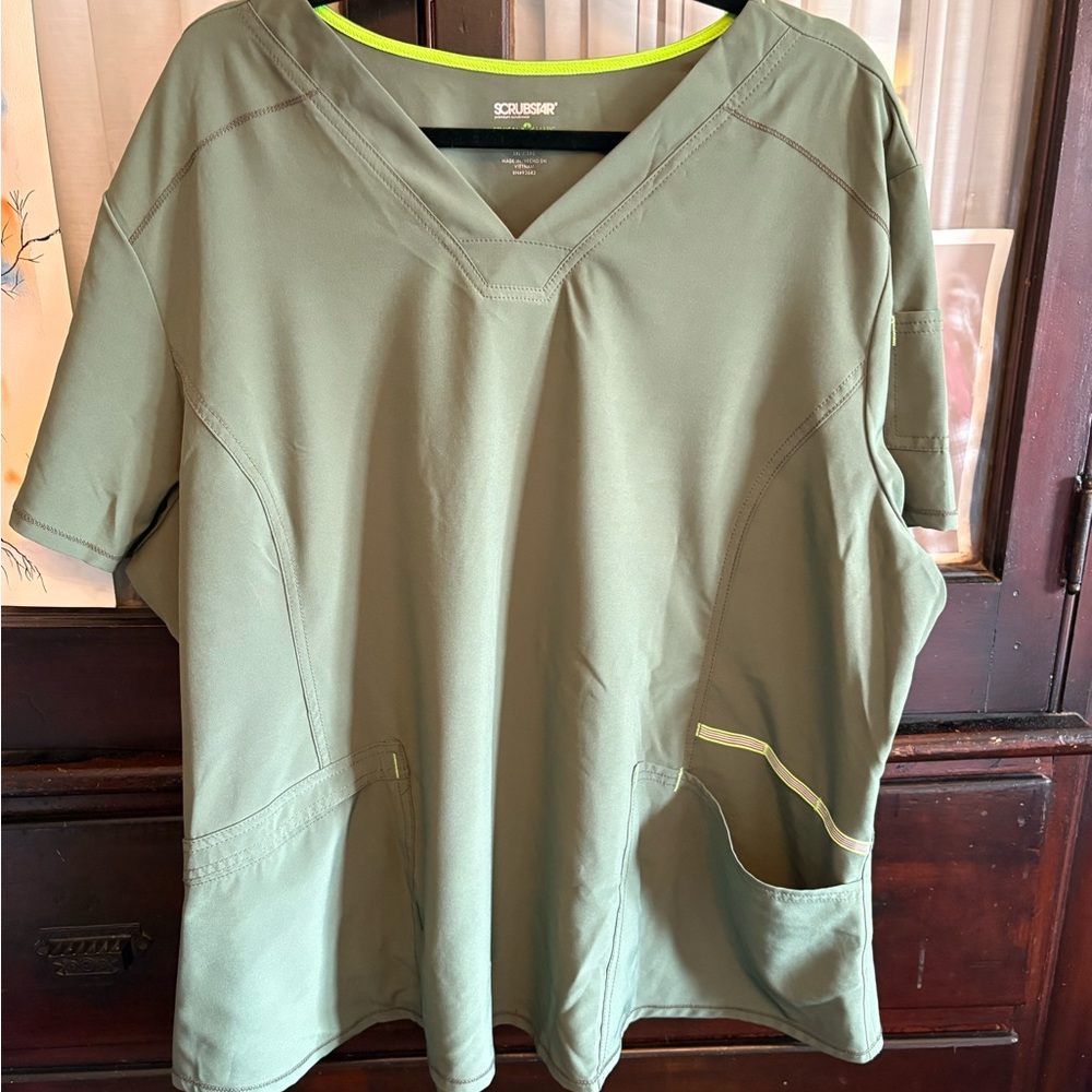 Scrubstar Olive Green Medical Top with Neon Lime Trim